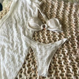 Textured Bikini Set Ring Linked Bandeau Bra and cover up 3 Piece Bathing Suit